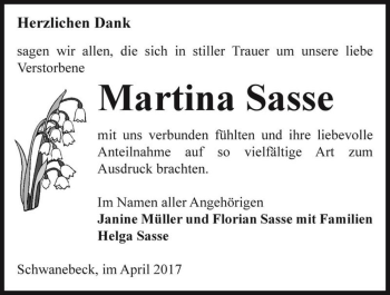 Traueranzeige von Martina Sasse  von Magdeburger Volksstimme
