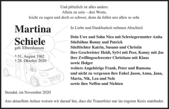 Traueranzeige von Martina Schiele (geb. Elbershausen)  von Magdeburger Volksstimme
