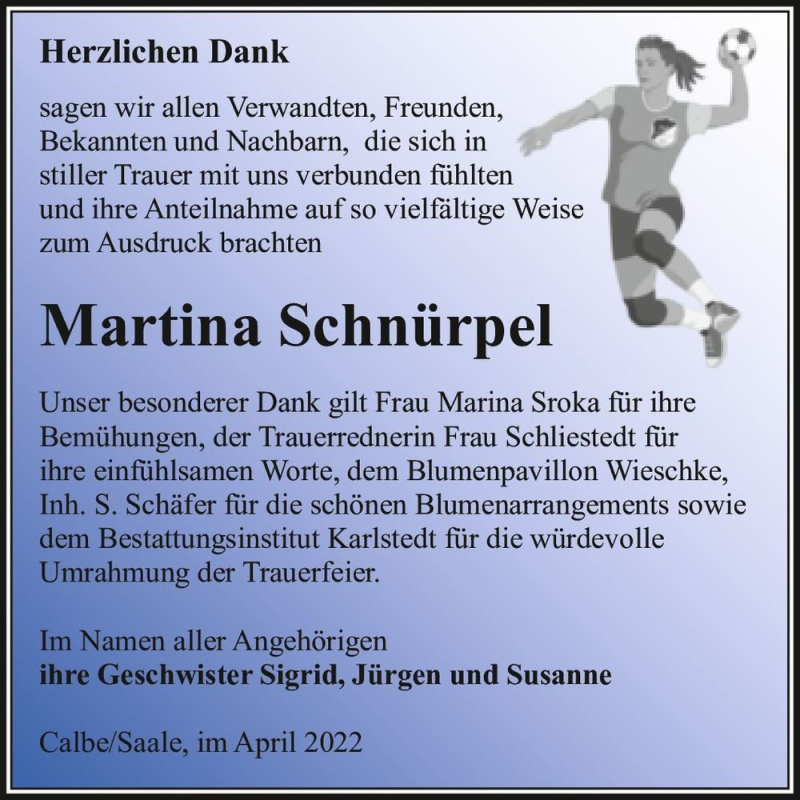  Traueranzeige für Martina Schnürpel  vom 16.04.2022 aus Magdeburger Volksstimme