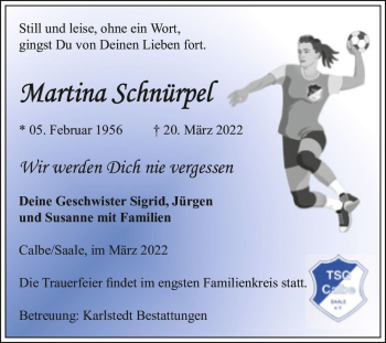 Traueranzeige von Martina Schnürpel  von Magdeburger Volksstimme