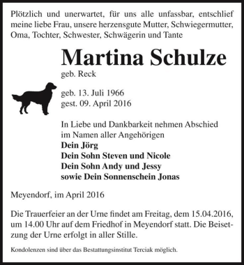 Traueranzeige von Martina Schulze (geb. Reck)  von Magdeburger Volksstimme