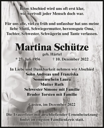 Traueranzeige von Martina Schütze (geb. Härtel)  von Magdeburger Volksstimme