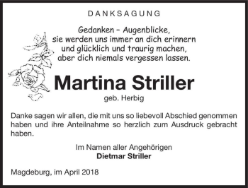 Traueranzeige von Martina Striller (geb. Herbig)  von Magdeburger Volksstimme