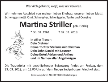 Traueranzeige von Martina Striller (geb. Herbig)  von Magdeburger Volksstimme