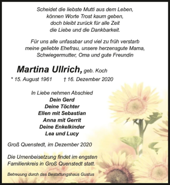 Traueranzeige von Martina Ullrich (geb. Koch)  von Magdeburger Volksstimme