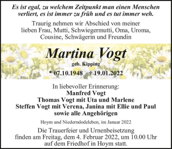Traueranzeige von Martina Vogt (geb. Kipping)  von Magdeburger Volksstimme