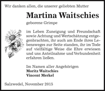Traueranzeige von Martina Waitschies (geb. Grimpe)  von Magdeburger Volksstimme