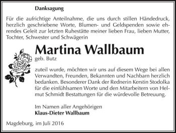 Traueranzeige von Martina Wallbaum (geb. Butz)  von Magdeburger Volksstimme