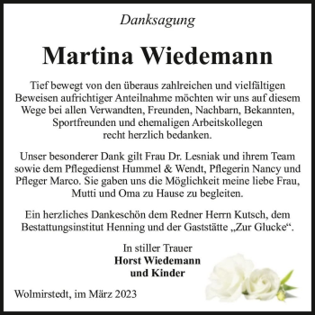 Traueranzeige von Martina Wiedemann  von Magdeburger Volksstimme