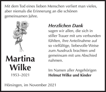 Traueranzeige von Martina Wilke  von Magdeburger Volksstimme