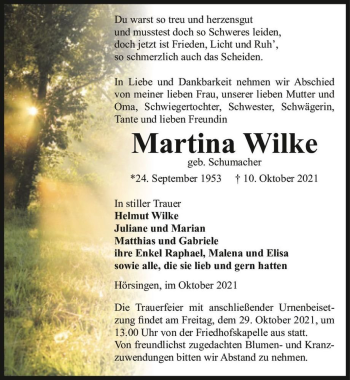Traueranzeige von Martina Wilke (geb. Schumacher)  von Magdeburger Volksstimme