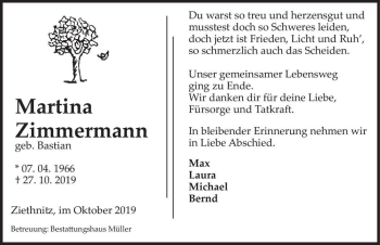 Traueranzeige von Martina Zimmermann (geb. Bastian)  von Magdeburger Volksstimme