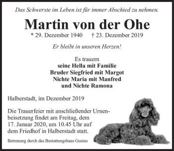 Traueranzeige von Martin von der Ohe  von Magdeburger Volksstimme