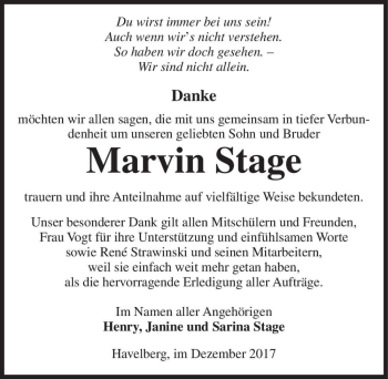 Traueranzeige von Marvin Stage  von Magdeburger Volksstimme