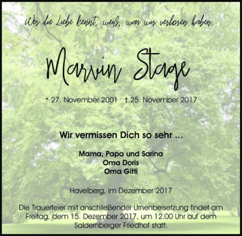 Traueranzeige von Marvin Stage  von Magdeburger Volksstimme