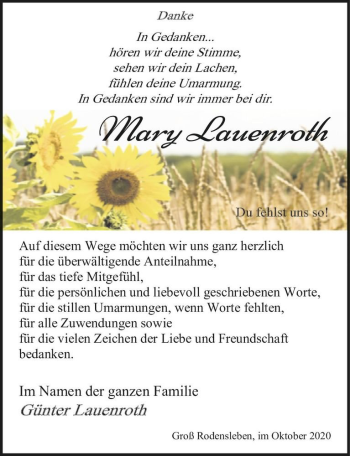 Traueranzeige von Mary Lauenroth  von Magdeburger Volksstimme