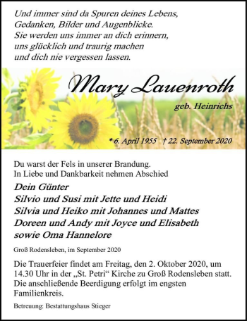 Traueranzeige von Mary Lauenroth (geb. Heinrichs)  von Magdeburger Volksstimme