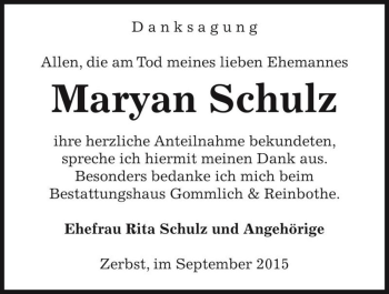 Traueranzeige von Maryan Schulz  von Magdeburger Volksstimme