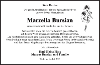 Traueranzeige von Marzella Bursian  von Magdeburger Volksstimme