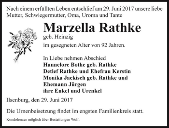 Traueranzeige von Marzella Rathke (geb. Heinzig)  von Magdeburger Volksstimme
