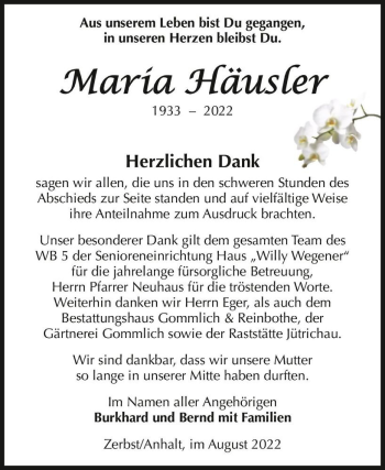 Traueranzeige von María Häusler  von Magdeburger Volksstimme
