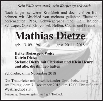 Traueranzeige von Mathias Dietze  von Magdeburger Volksstimme