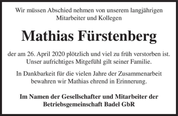 Traueranzeige von Mathias Fürstenberg  von Magdeburger Volksstimme