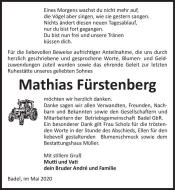 Traueranzeige von Mathias Fürstenberg  von Magdeburger Volksstimme