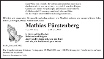 Traueranzeige von Mathias Fürstenberg  von Magdeburger Volksstimme