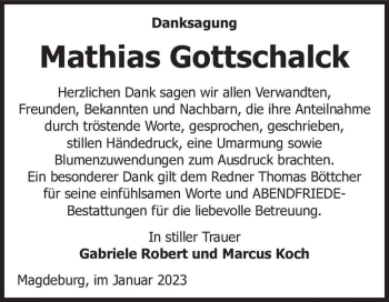 Traueranzeige von Mathias Gottschalck  von Magdeburger Volksstimme