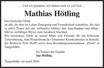 Traueranzeige von Mathias Hötling  von Magdeburger Volksstimme