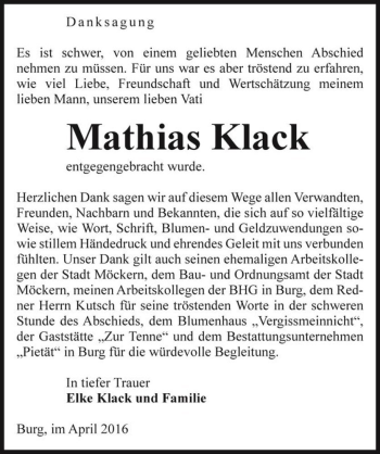 Traueranzeige von Mathias Klack  von Magdeburger Volksstimme