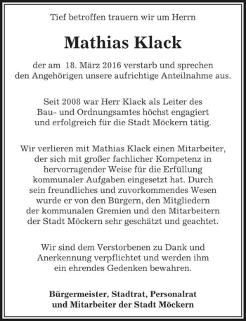 Traueranzeige von Mathias Klack  von Magdeburger Volksstimme