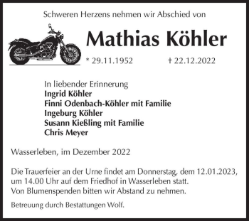 Traueranzeige von Mathias Köhler  von Magdeburger Volksstimme