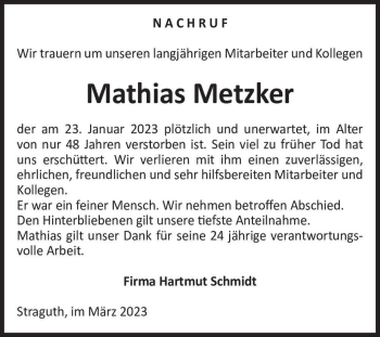 Traueranzeige von Mathias Metzker  von Magdeburger Volksstimme