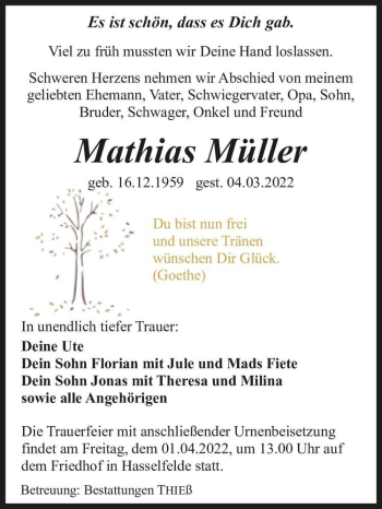 Traueranzeige von Mathias Müller  von Magdeburger Volksstimme