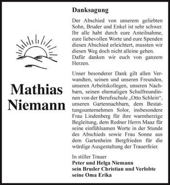 Traueranzeige von Mathias Niemann  von Magdeburger Volksstimme