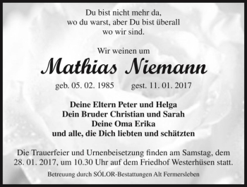 Traueranzeige von Mathias Niemann  von Magdeburger Volksstimme