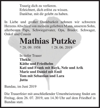 Traueranzeige von Mathias Putzke  von Magdeburger Volksstimme