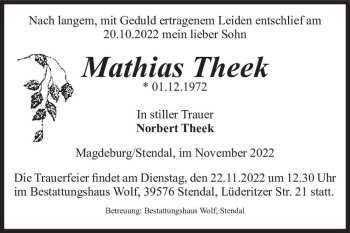 Traueranzeige von Mathias Theek  von Magdeburger Volksstimme
