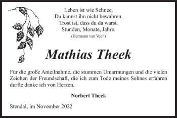 Traueranzeige von Mathias Theek  von Magdeburger Volksstimme