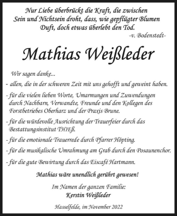 Traueranzeige von Mathias Weißleder  von Magdeburger Volksstimme