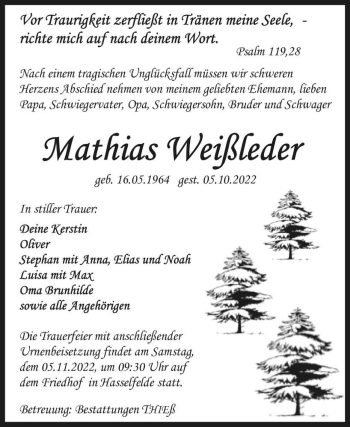 Traueranzeige von Mathias Weißleder  von Magdeburger Volksstimme