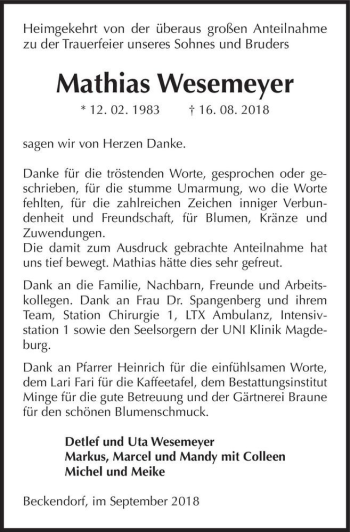 Traueranzeige von Mathias Wesemeyer  von Magdeburger Volksstimme