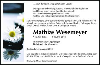 Traueranzeige von Mathias Wesemeyer  von Magdeburger Volksstimme