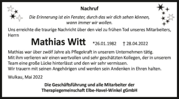 Traueranzeige von Mathias Witt  von Magdeburger Volksstimme