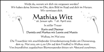 Traueranzeige von Mathias Witt  von Magdeburger Volksstimme