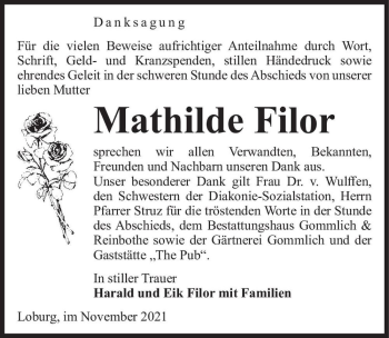 Traueranzeige von Mathilde Filor  von Magdeburger Volksstimme