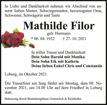 Traueranzeige von Mathilde Filor (geb. Hermann)  von Magdeburger Volksstimme