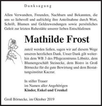 Traueranzeige von Mathilde Frost  von Magdeburger Volksstimme